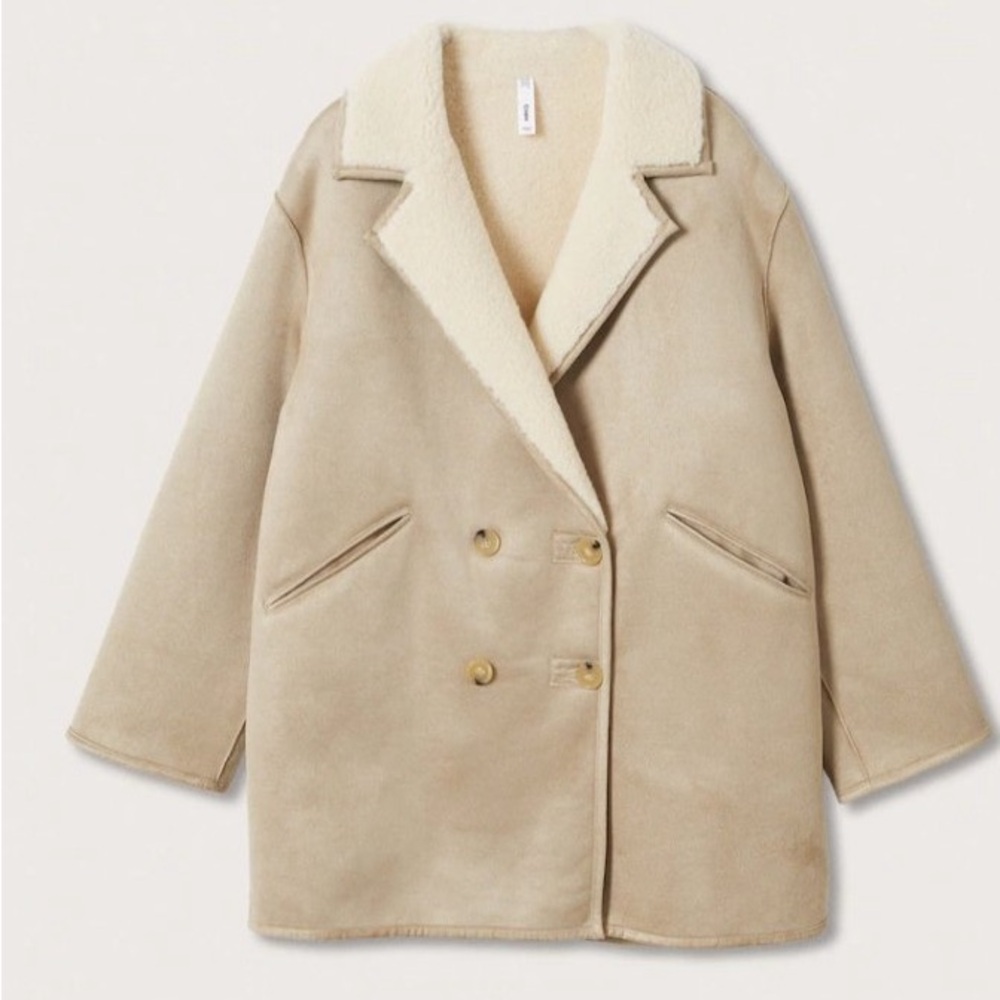 Mango Tan Double-Breasted Coat with Cream Collar